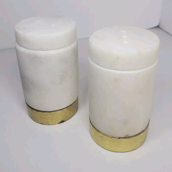 Vintage MCM White Natural Stone Salt And Pepper Shaker Set Hammered Brass Trim - Picture 3 of 7